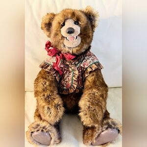 Vintage Beaver Balley1994  Blush Bear with Floral Vest and Red Bow
